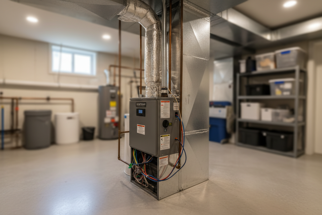 generate a blurred image of a furnace in a basement